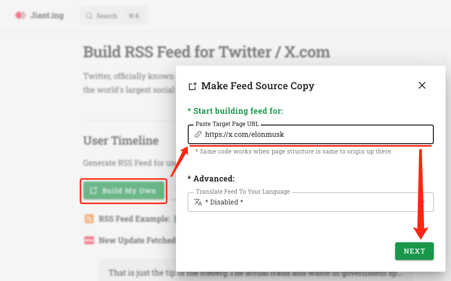 Set page link to for rss feed task